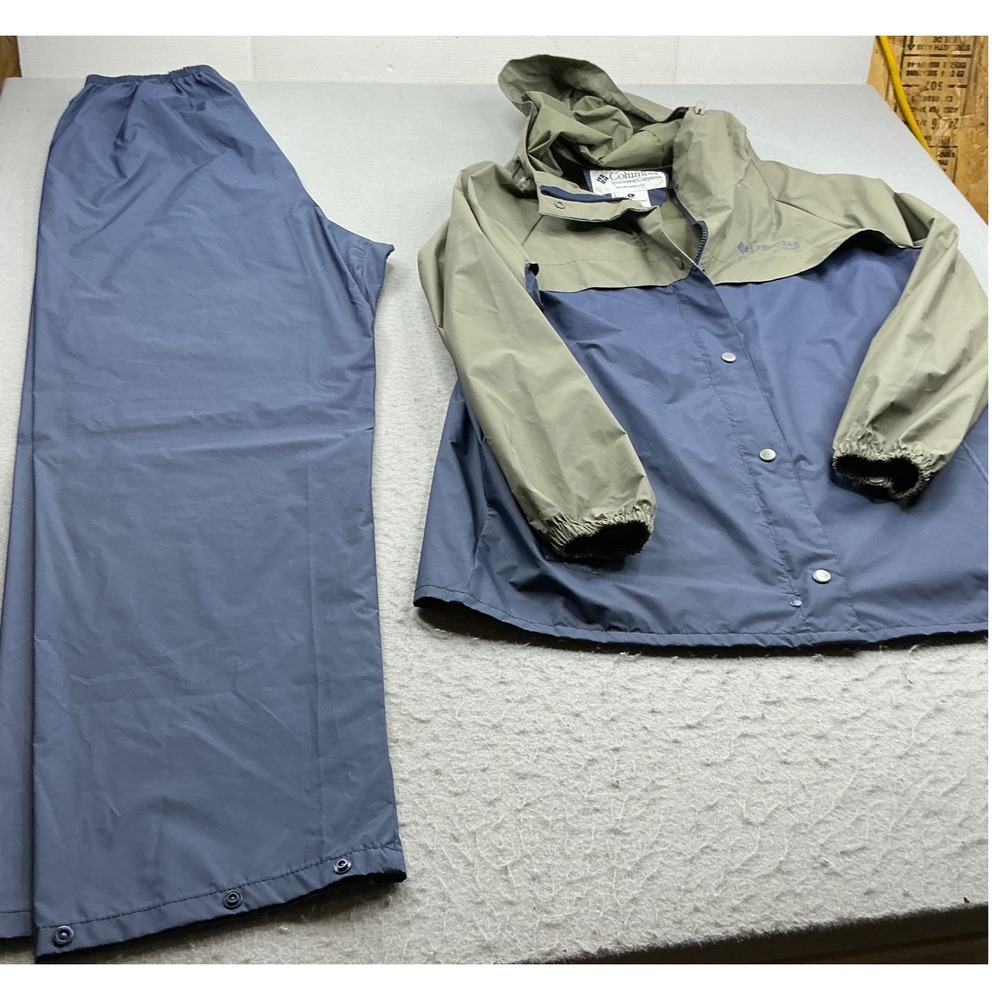 Columbia Rain Suit 2 Piece Jacket and Pants Blue Green Large Outdoor Hiking